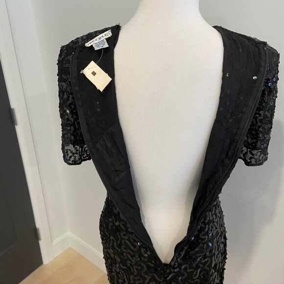 NWT Vintage Principles Black Cocktail Dress Silk Sequin Short Sleeve Sheer Back - Picture 12 of 16